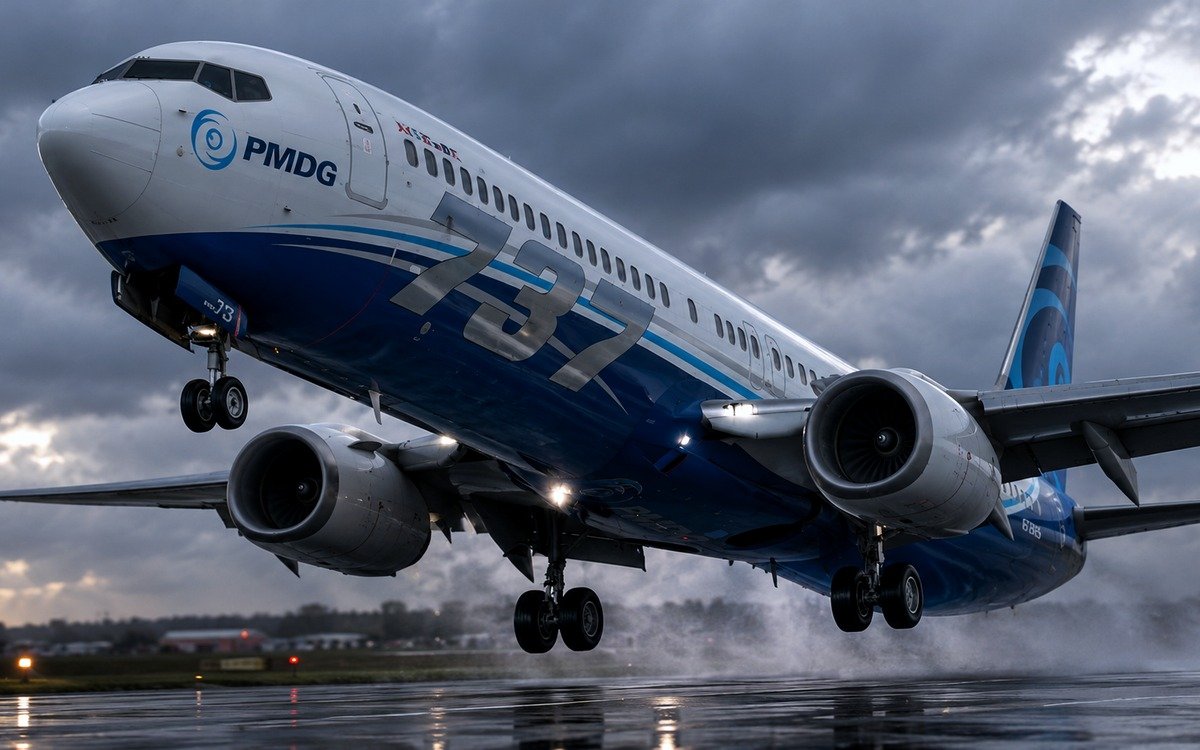 PMDG Boeing 737 taking off through rain