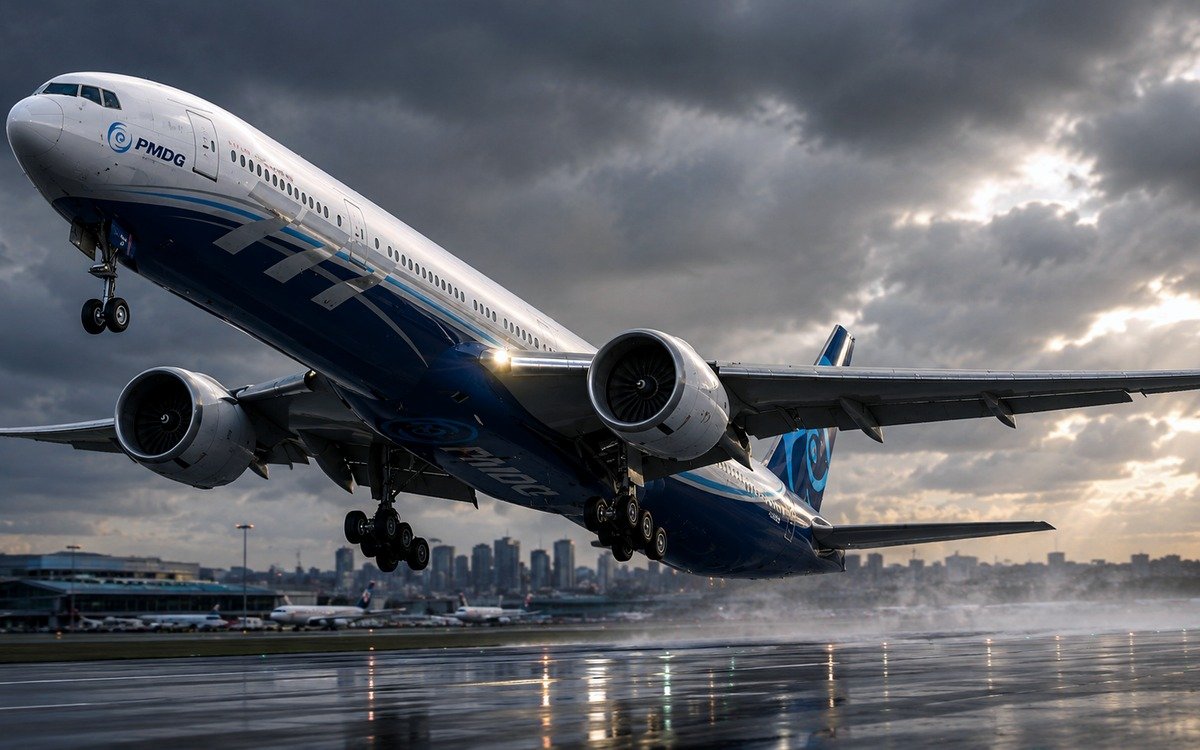 PMDG Boeing 777 taking off over the city skyline