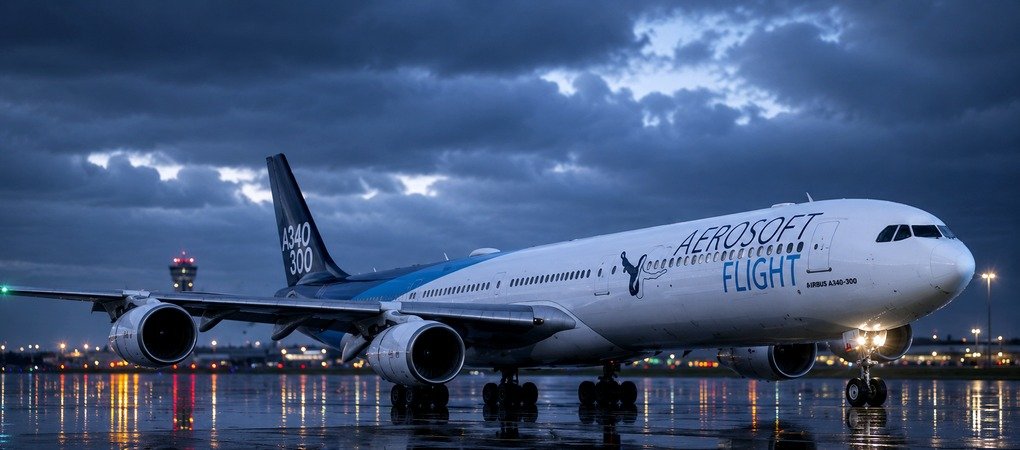 Aerosoft A340-600 Pro on the runway at dusk