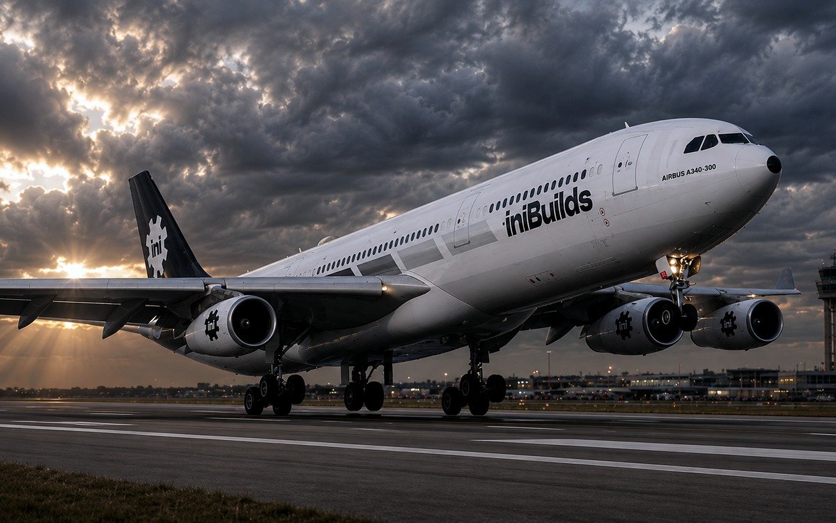 iniBuilds A340 at sunset on the runway